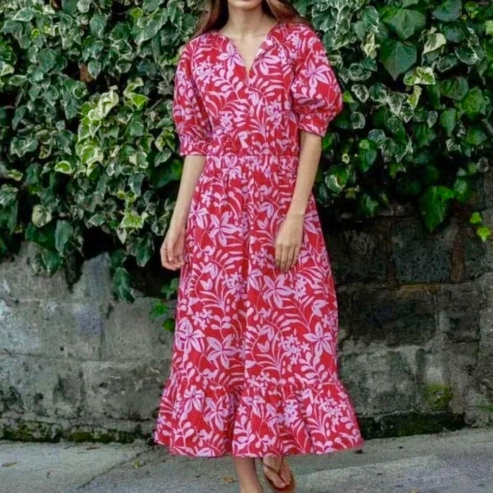 Voyageur by Mersea Hedy Floral Print Maxi Dress Pink Red Puff Sleeve - Size L